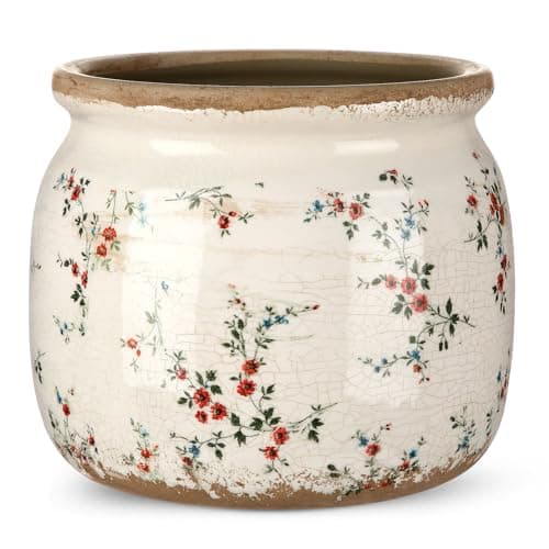Ninehaoou Vintage Planter Large Ceramic Plants Pot Beige Red Rustic Floral Ice Crack Cottage Scroll Vase Flower Vase Pot Indoor Plants Home Kitchen Decor Farmhouse Antique Decorative Gifts