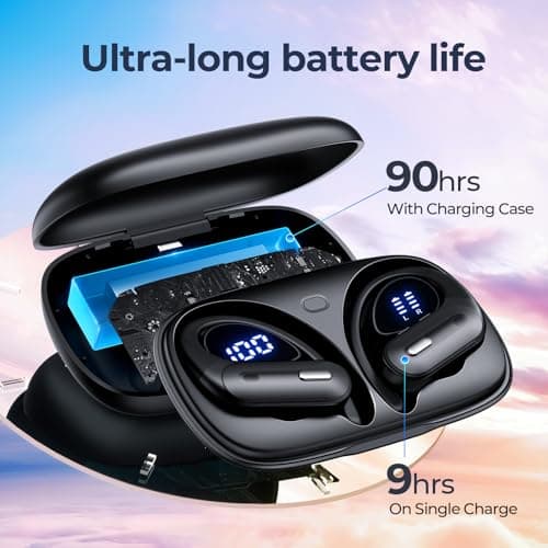 Active Noise Cancelling Wireless Earbuds Bluetooth Headphones 90 Hrs Playtime Ear Buds with Hi-Res Stereo Deep Bass Power Display Earphones with Earhooks Waterproof Transparency Headset Sports/Running — view 2