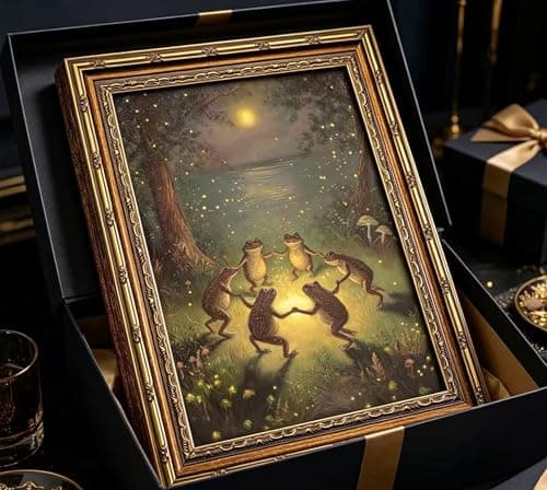 Vintage Gold Framed Frog Wall Art,Frogs Dancing in Moonlight Forest Painting Canvas Prints,Whimsical Animal Wall Decor,Retro Country Toad Poster Artwork,for Corridor Living room Bedroom Kitchen — view 3