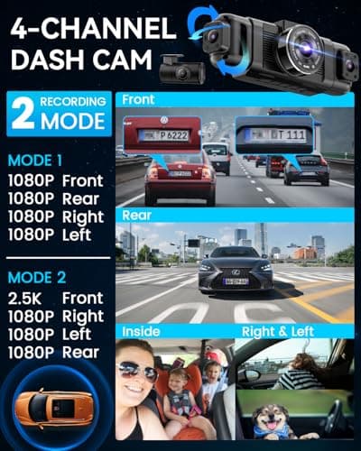 IIWEY N5 4 Channel Dash Cam, 360° All-Sides View, FHD 1080P Front and Rear Inside, Left Right Dash Camera for Cars, 8 IR Lamps, 5G WiFi & APP Control, 24H Parking Mode, G-Sensor, with a 128GB SD Card — view 2