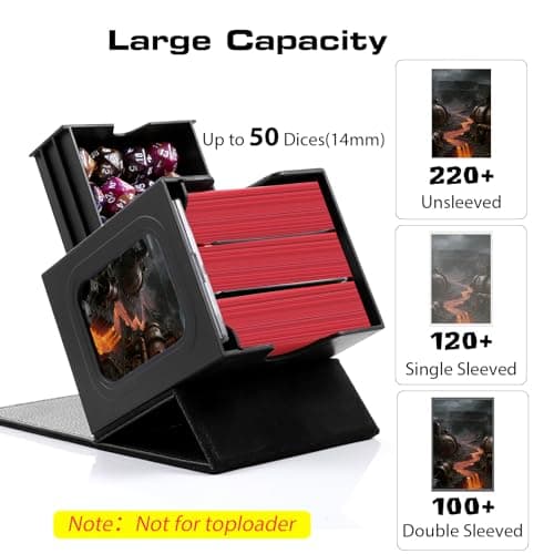 MAKHISTORY Patented MTG Commander DekBox, 100+ Double Sleeved Card Storage Box with Dice Tray, 35pt Card Holder & 2 Dividers - Magnetic Deck Case for TCG/CCG/Magic/Sports Cards, Black — view 3