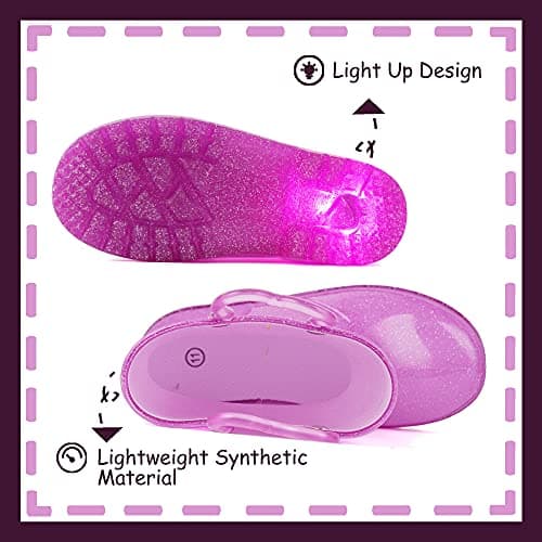 OUTEE Toddler Girls Rain Boots Little Kids Baby Light Up Glitter Waterproof Rubber Mud Shoes Lightweight Sparkle Pink Adorable with Easy-On Handles Non Slip (Size 12,Pink) — view 2