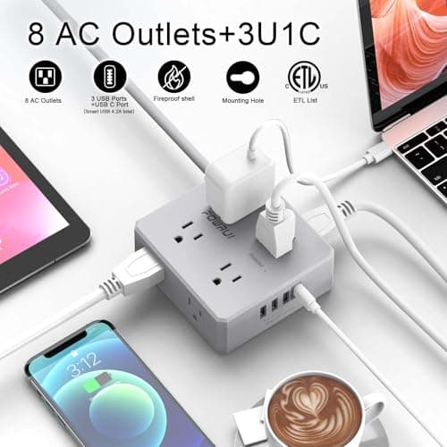 Surge Protector Power Strip - 6 Ft Flat Plug Extension Cord with 8 Widely Outlets and 4 USB Ports(1 USB C), 3 Side Outlet Extender for Home Office, Grey, ETL Listed