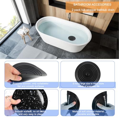 V-TOP Bathtub Drain Stopper 2 Pack, 5 inches Silicone Tub Stopper Shower Drain Cover, Bath Tub Plug Hair Stopper,Universal Flat Suction Renter Friendly Bath Accessories — view 3