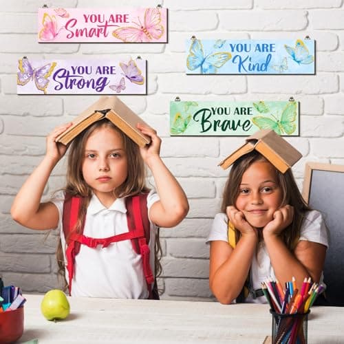 Geetery 4 Pcs Butterfly Inspirational Quote Wooden Sign Bedroom Wall Decor for Men Women Rainbow Room Art Decor Aesthetic Wooden Hanging Wall Sign for Daughter Son Nursery 11.81 x 3.15 Inch — view 2
