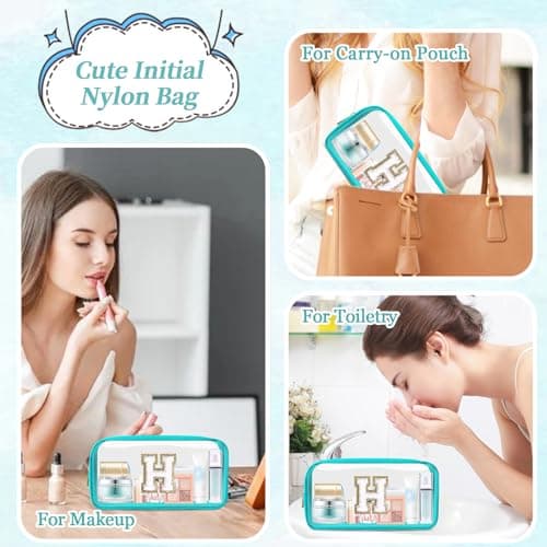 Mini Clear Personalized Initial Makeup Bag, Nylon Preppy A-Z Chenille Letter Patch Zipper Cosmetic Bag, Small Cute Pouch Travel Coin Purse Toiletry Bag, Small-Cyan, H — view 4