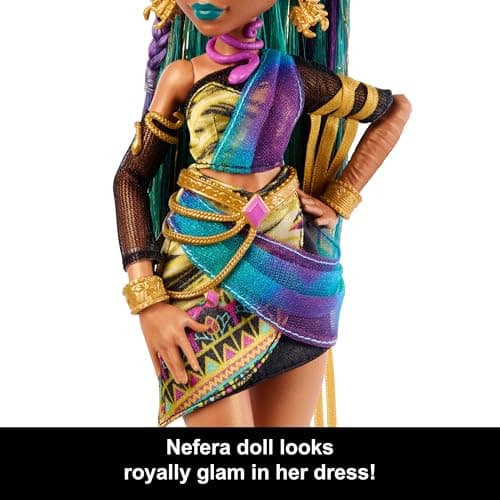 Monster High Nefera De Nile Doll, Royal Mummy in Dress with Pet Scarab Lavish and 7 Accessories Like Purse, Laptop, Sunglasses, Drink and Snacks — view 2