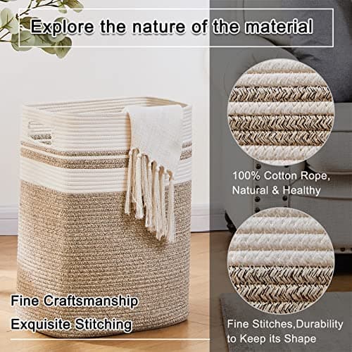 OIAHOMY Laundry Hamper-Laundry Basket,Tall Cotton Storage Basket with Handles,Decorative Blanket Basket for Living room,Collapsible Large Basket for Toys,Pillows,Clothes-16x13x22in-Yellow variegated — view 2
