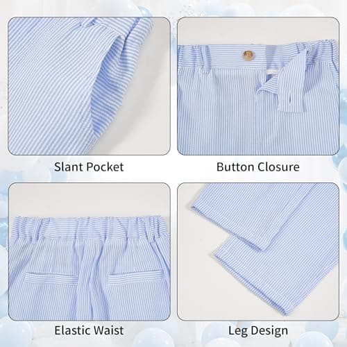 Volunboy Baby Boy Formal Prom Striped Pants Set Seersucker Wedding Guest Ring Bearer Outfits Gentleman Dress Shirt Summer Beach Bowtie Vest Suits (Skyblue, 2-3T) — view 2