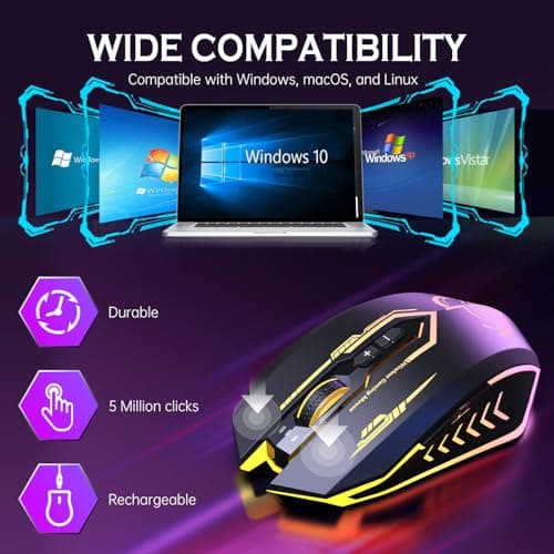 Wireless Gaming Mouse Up to 10000 DPI, UHURU Rechargeable USB Wireless Mouse with 6 Buttons 7 Changeable LED Color Ergonomic Programmable MMO RPG for PC Laptop, Compatible with Windows Mac — view 5