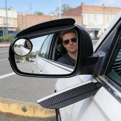Car Rearview Blind Spot Mirror with Rain Guard, Carbon Fibre, 360° Adjustable HD, Universal Exterior Accessory, 2 Pack (Black) — view 2