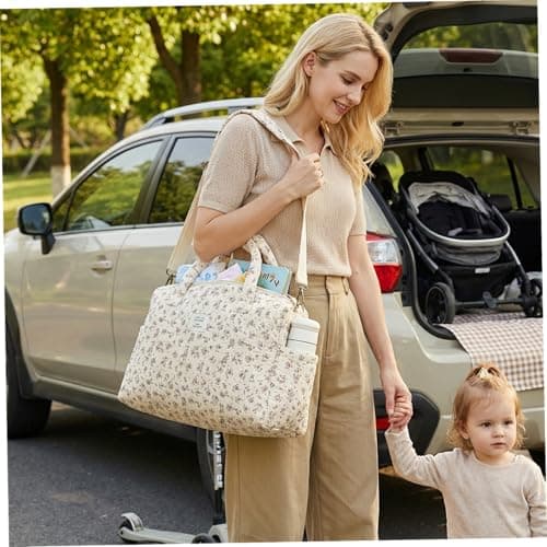 Quilted Diaper Bag, Adjustable Soft Floral Diaper Bag for Women, Multi-Pocket Large Mommy Bags for Travel and Daily Use — view 2