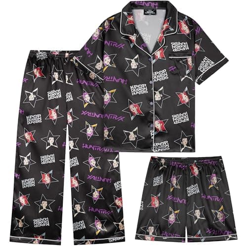 Get Trend KPop Demon Hunters Girls Pajamas Officially Licensed 3-Piece Huntrix PJs Set with Pants & Shorts, Satin Nightwear (5-6 Years, Black AOP)