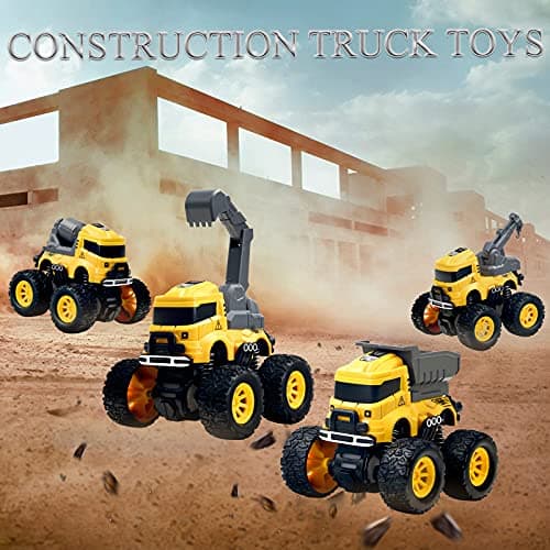 Construction Monster Truck Toys - 4pcs Excavator, Mixer, Crane, Dump Trucks Toy | Push and Go Friction Powered Cars Stunt Vehicles Playset | Kids Birthday Party Favors Gifts for 3+ Year Old Boys Girls