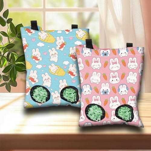 PRESSINART 2Pcs 2 Styles Hanging Rabbit Hay Feeder Bag 11.6 x 9.1 Inch, Bunny Hay Bag Pink Blue Cute Cartoon Design Cloth Washable Feeding Holders with 2 Holes for Guinea Pig Chinchillas Hamsters — view 3