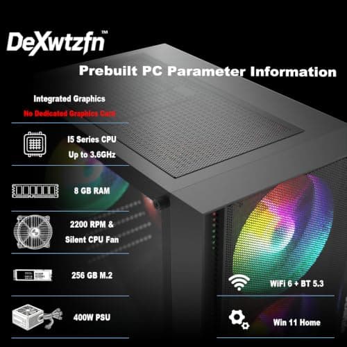 DeXwtzfn Gaming PC, i5 CPU Up to 3.6 GHz, Integrated Graphics Card, 256GB SSD, 8GB RAM, RGB Fansx4 for Desktop PC, WiFi 6 BT 5.3, Win11 (i5 CPU/8G/256GB)