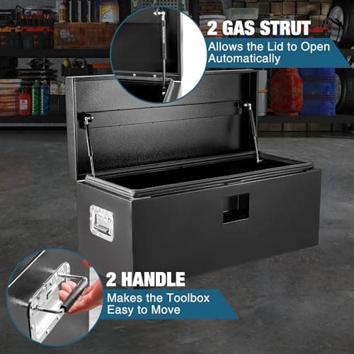 GarveeTech Heavy Duty Steel Truck Bed Tool Box, Weatherproof & Lockable Storage Chest with Dual Gas-Shock Lid, Pry-Resistant Security, Fits Pickup, Trailer, RV, Black — view 2
