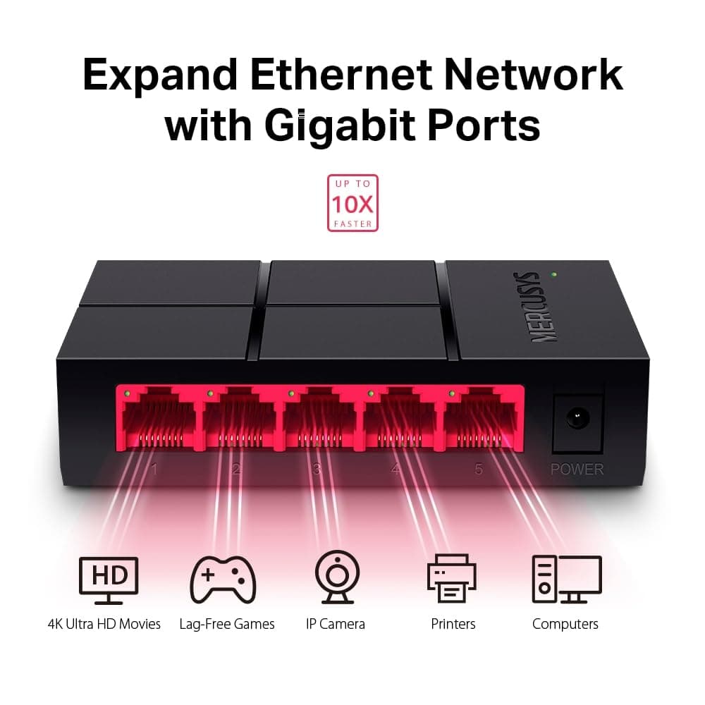 MERCUSYS MS105G 5-Port Desktop Ethernet Network Switch/Hub, 10/100/1000Mbps Ethernet Splitter, Energy Saving up to 82%, Plug & Play, TP-Link Switch, Perfect for home/small office/dormitory — view 2