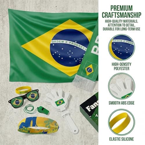 Soccer Fan Gear Set 2026-7 Piece Game Day Kit with Flag, Scarf, Glasses, Whistle, Clapper, Wristband & Headband in Gift Box - Watch Party & Stadium Essentials for Brazil