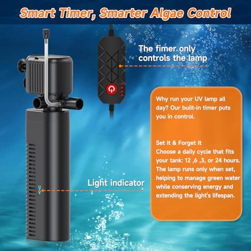 SYSENCIAGA Aquarium Filter with UV, 200GPH for 20-75 Gallon Tanks, Submersible with Timer for Crystal Clear Water in Aquarium, Pond, Turtle Tank（25W ） — view 3