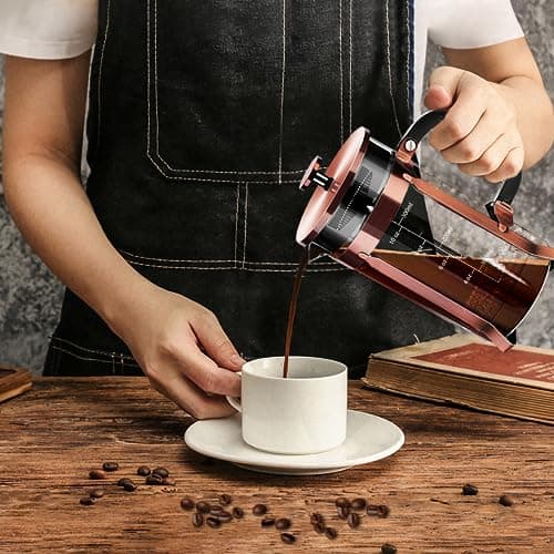 YMMIND French Press Coffee Maker 304 Stainless Steel Coffee Press,with 4 Filters System, Heat Resistant Thickness Borosilicate French Press Glass, BPA-Free Brewed Tea Pot Coffee Plunger(Copper 12oz) — view 5