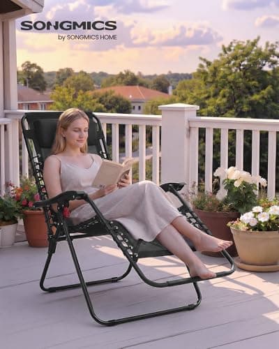 SONGMICS Zero Gravity Chairs, Folding Sun Loungers with Tray, Adjustable Headrest, for Patio, Garden, Max. Load 110 kg, Black UGLB030BZ02