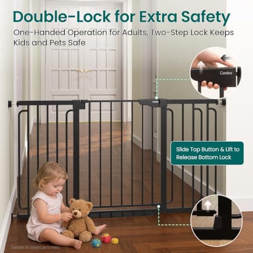 Cumbor 30.4-56.8" Extra Wide Baby Gate for Stairs, Dual Lock & Self-Closing Dog Gate Indoor, Easy Install Pet Gate for Doorways & Wide Openings, Easy Walk Thru Safety Proofing for Babies & Pets, Black — view 3