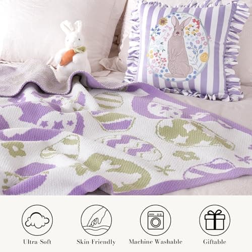 Amélie Home Animal Chenille Throw Blanket for Couch, Bunny and Eggs Knit Throws, Cozy Soft Summer Party Themed Blankets for Sofa, Bed, Gift & Decor, 50"x60", Purple/Green — view 3