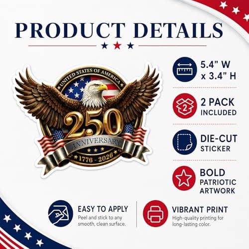 2pcs 250th Anniversary USA Car Decal Sticker, 250 Anniversary USA Merchandise, Patriotic 4th of July 1776–2026, American Flag Vinyl Bumper Stickers for Car, Truck, Window, Laptop — view 6