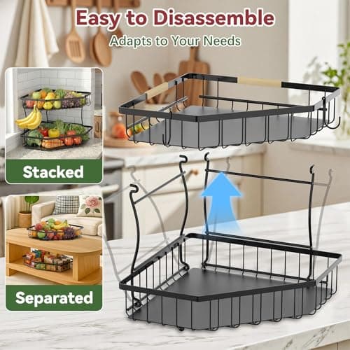 2 Tier Fruit Basket for Kitchen Counter - Detachable Metal Fruit Bowl with 2 Banana Hangers for Corner , Large Capacity Fruit Stand with Wooden Handle for Bread Fruit and Vegetable Storage- Black — view 4