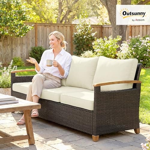 Outsunny 3 Seater Outdoor Couch Sofa, PE Wicker Patio Couch with Wide Deep Seat, 4" Cushions, Wood-Effect Armrests and Legs, Patio Furniture Couch for Garden, Backyard, Cream White — view 2