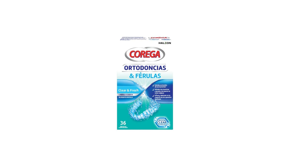 Corega Tabletas Limpiadoras Para Ortodoncias y Férula Dental, Limpieza Rápida y Fácil de Usar, 36 Tabletas