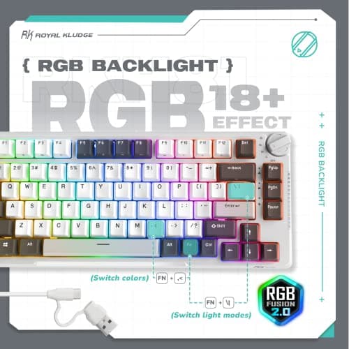 RK ROYAL KLUDGE H81 Hot Swappable Mechanical Keyboard, Triple Mode 2.4Ghz/BT5.1/USB-C Knob Control Wireless Gaming Keyboard Gasket Mounted with RGB Backlit SkyCyan Switch, 75% Layout 81 Keys — view 5