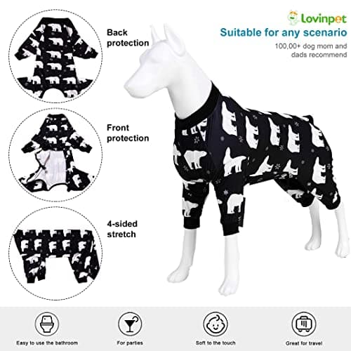 LovinPet Large Dog Onesie, Stretch Cotton Pet Shirts with Animal Print, Full Coverage Dog Clothing Perfect to Prevent Licking Wounds After Surgery for Medium & Large Dogs, Black M — view 2