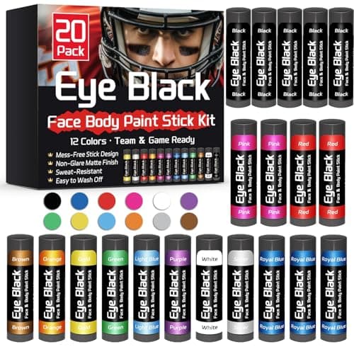 Eye Black Stick 20 Pack, 12 Colors Sports Eye Black for Football Baseball Softball, Anti Glare Eye Black Face Paint for Athletes & Fans, Retractable Under Eye Sports Paint Sticks for Game Day