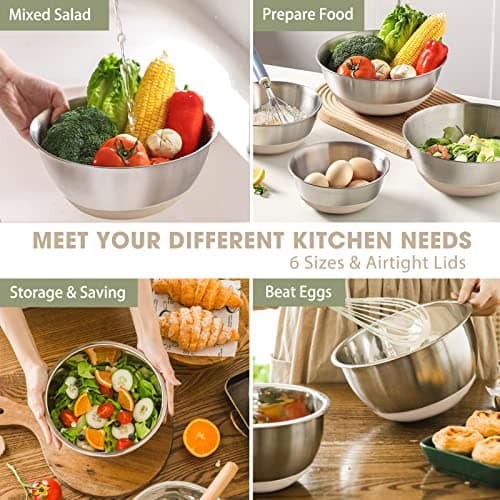 Umite Chef Mixing Bowls with Airtight Lids 6 Piece Stainless Steel Metal Nesting Storage Bowls, Non-Slip Bottoms Size 7, 3.5, 2.5, 2.0,1.5, 1QT, Great for Mixing & Serving (Khaki} — view 2