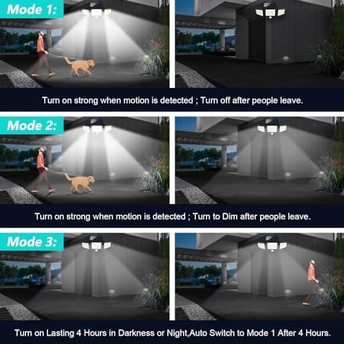 Solar Motion Sensor Outdoor Lights - 2500LM Bright LED Security Flood Light - Adjustable 3 Head Night Lighting Solar Powered IP65 Waterproof with Remote for Outside Garage Yard — view 4