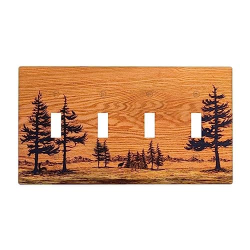 Rustic Brown Pine Tree Wood Print 4 Gang Light Switch Cover Quad Toggle Wall Plate Decorative Electrical Switchplate Faceplate for Bedroom Living Room Bathroom Home Decora(plastic)