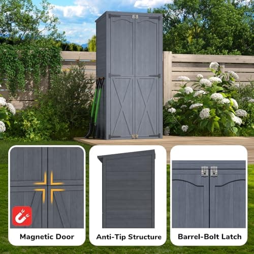 U-MAX Outdoor Wooden Storage Cabinet Weatherproof, Garden Storage Shed with 3 Adjustable Shelves, Vertical Storage Shed & Waterproof Outdoor Storage Clearance with Base — view 5