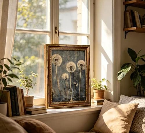 Vintage Gold Framed Dandelion Wall Art Moody Cottagecore Dandelion Painting Canvas Print Gothic Dark Plant Print Poster Wall Decor Retro Moody Plant Floral Poster Artwork for Bedroom Living room — view 4