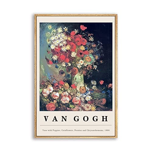 Framed Canvas Print Wall Art Van Gogh Vase with Poppies Cornflowers Peonies & Chrysanthemums Painting Reproduction Ready To Hang Living Room Bedroom Kitchen Office Home Decor 16"x 24" Natural Framed