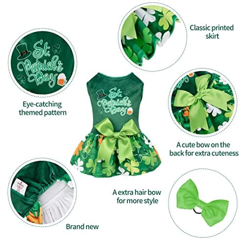 CuteBone St.Patrick's Day Dog Green Dress Velvet for Small Dogs Girl Puppy Dresses Clover Dog Clothes