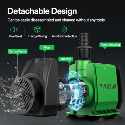 VIVOSUN 800GPH Submersible Pump(3000L/H, 50W), Ultra Quiet Water Pump with 10ft High Lift, Fountain Pump with 5ft Power Cord, 3 Nozzles for Fish Tank, Pond, Aquarium, Statuary, Hydroponics — view 4