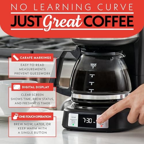 Gourmia Drip Coffee Maker – 5 Cup, One-Touch Brew, Pause & Serve, Adjustable 4 Hr Keep Warm, EZ-View Water Window, Black — view 2