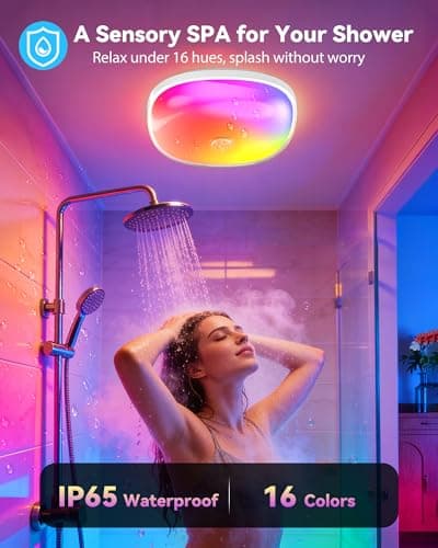 IP65 Waterproof Rechargeable Shower Light – 6″ 300LM Bright Shower Lamp, 16 Colors Mood Lighting with Touch & Remote Control, Magnetic Wireless Ceiling/Wall Light for Inside Shower, Bathroom, Bathtub