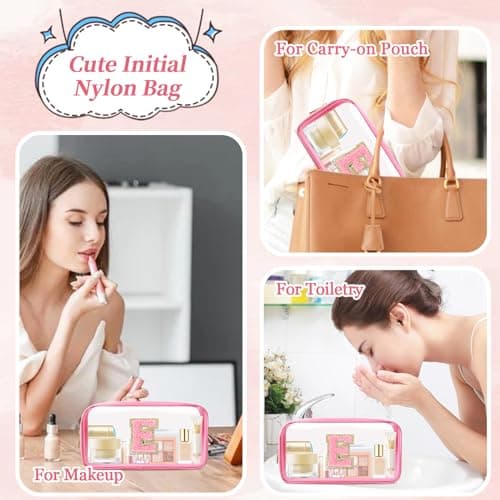 Mini Clear Personalized Initial Makeup Bag, Nylon Preppy A-Z Chenille Letter Patch Zipper Cosmetic Bag, Small Cute Pouch Travel Coin Purse Toiletry Bag, Small-Pink, E, Preppy, Personalized — view 4