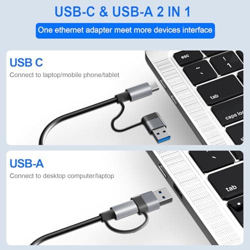Denlane USB C USB 3.0 to Ethernet Adapter, 5 in 2 Gigabit USB Ethernet Hub for Laptop with 4-Port USB-A 3.0 and USBC, 1000Mbps RJ45 LAN Network Adapter Compatible with MacBook/iPad Pro/Phone/Tablet — view 4