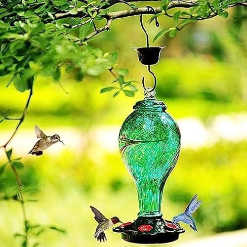 LUJII Hand Blown Glass Hummingbird Feeder for Outdoors Hanging, Leakproof, Never Fade, 36 fl.oz, 5 Feeding Metal Stations, Much Bigger, Garden Backyard Decoration, Great Gift for Bird Lover, Blue