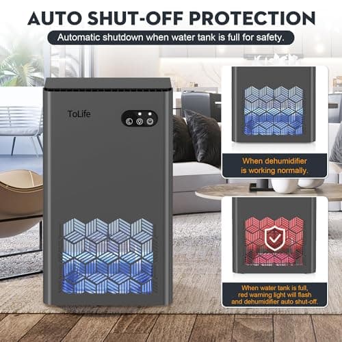 ToLife Dehumidifiers for Home, 1000 sq.ft Dehumidifier for Basement Bedroom Bathroom with 95 OZ Water Tank Auto Shut Off 7 Colors LED Light, Grey — view 5