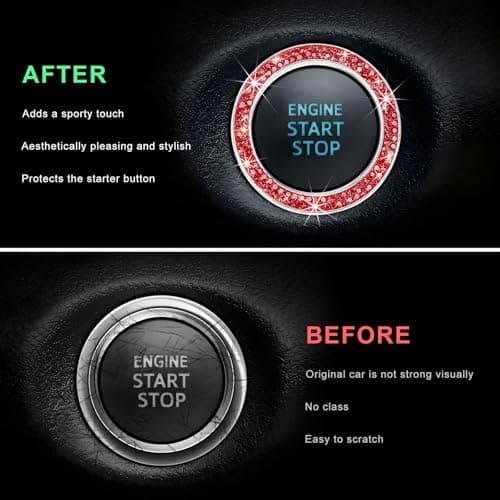 CCHRN Car Bling Engine Start Ring Decals, Crystal Rhinestone Push Start Button Decorative Ring, Universal Sparkling Key Ignition Knob Cover for Women Girls, Car Accessories (Red) — view 2